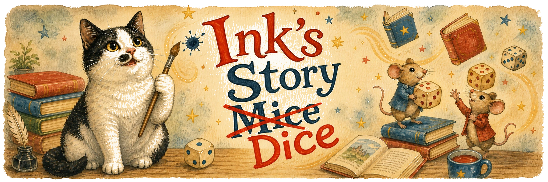 Ink's Story Dice — Ink the cat with story mice, Mice crossed out and Dice written underneath